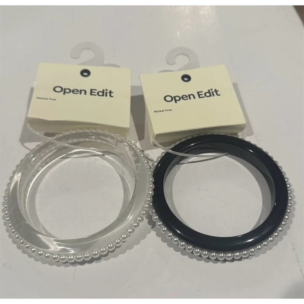 Open Edit $40 Nordstrom Bangle Bracelet Set of 2 Clear Black Pearl Trim gift
